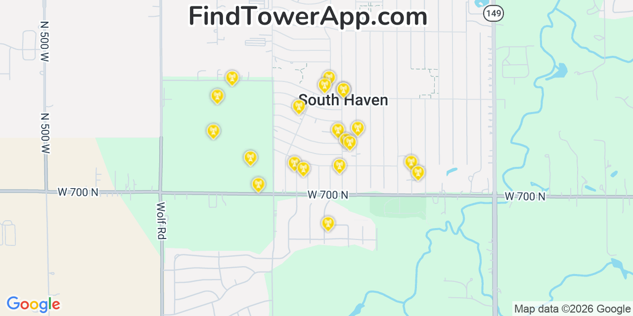 Map showing the 20 primary cell tower locations detected in South Haven, Indiana from AT&T, Verizon, and T-Mobile networks