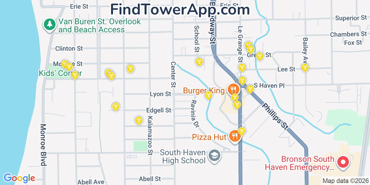 Map showing the 20 primary cell tower locations detected in South Haven, Michigan from AT&T, Verizon, and T-Mobile networks
