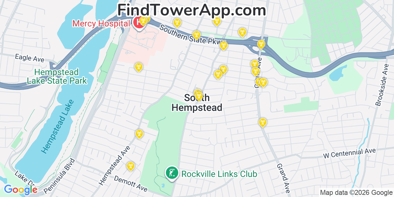 Map showing the 20 primary cell tower locations detected in South Hempstead, New York from AT&T, Verizon, and T-Mobile networks