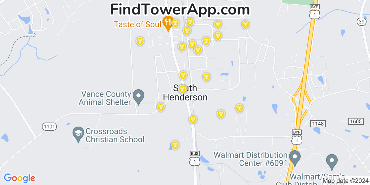 AT&T 4G/5G cell tower coverage map South Henderson, North Carolina