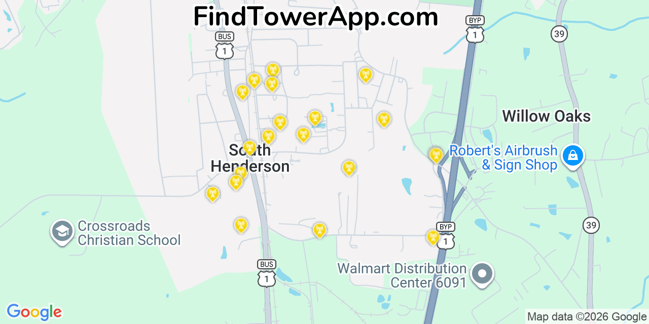 Map showing the 20 primary cell tower locations detected in South Henderson, North Carolina from AT&T, Verizon, and T-Mobile networks