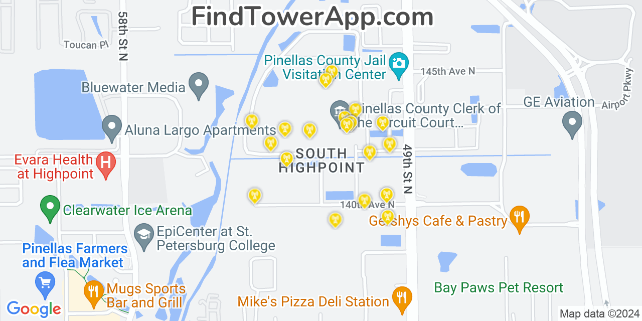 AT&T 4G/5G cell tower coverage map South Highpoint, Florida