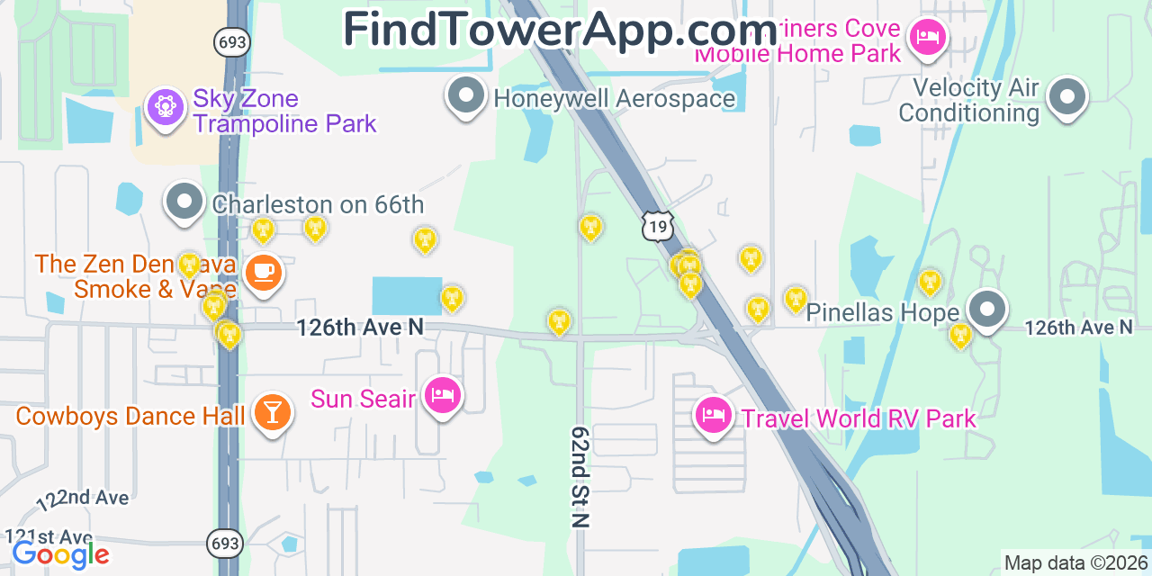 Map showing the 20 primary cell tower locations detected in South Highpoint, Florida from AT&T, Verizon, and T-Mobile networks