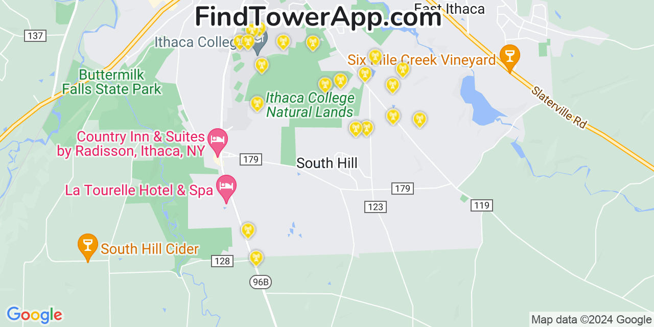 AT&T 4G/5G cell tower coverage map South Hill, New York