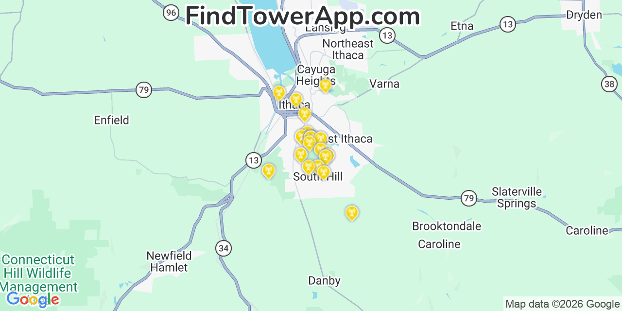 Map showing the 20 primary cell tower locations detected in South Hill, New York from AT&T, Verizon, and T-Mobile networks