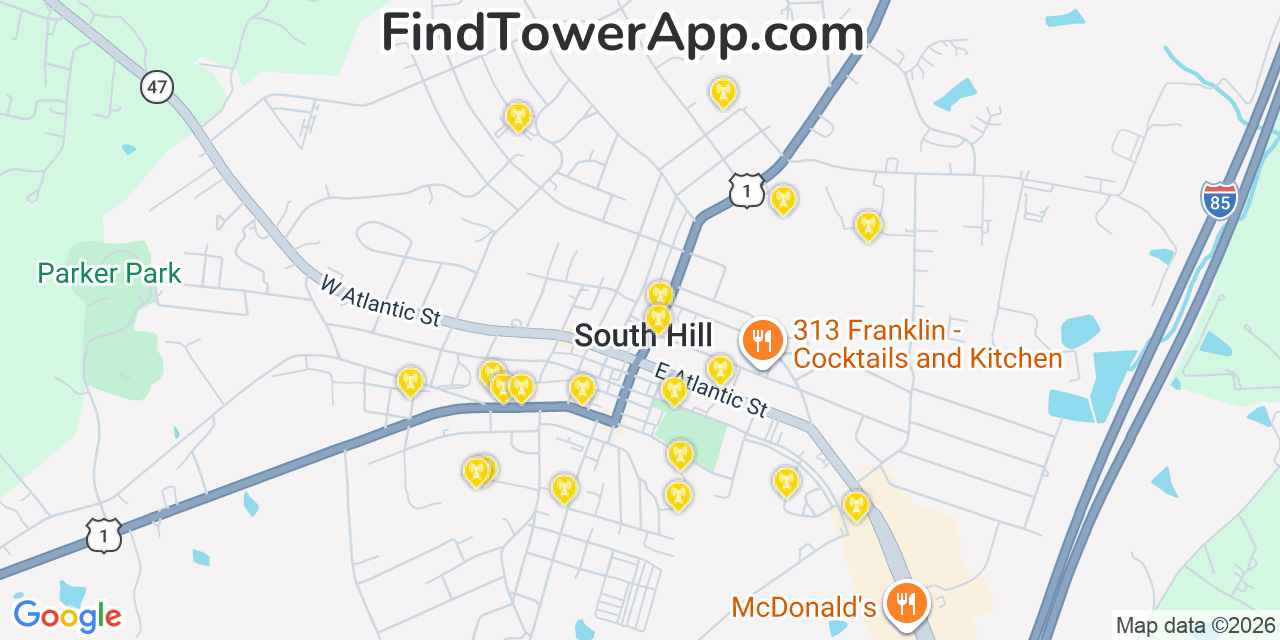 Map showing the 20 primary cell tower locations detected in South Hill, Virginia from AT&T, Verizon, and T-Mobile networks