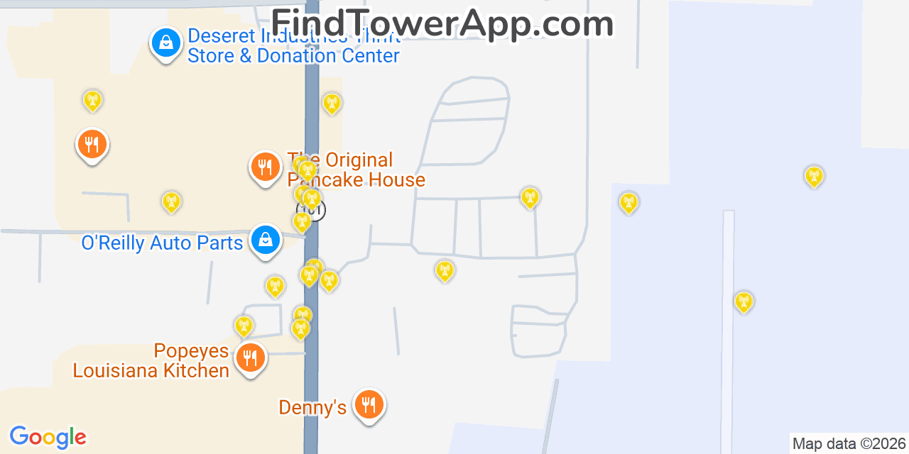 Map showing the 20 primary cell tower locations detected in South Hill, Washington from AT&T, Verizon, and T-Mobile networks