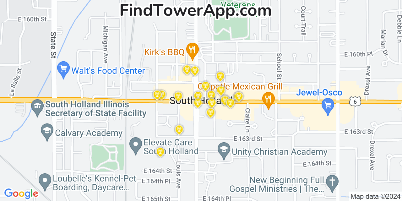 AT&T 4G/5G cell tower coverage map South Holland, Illinois