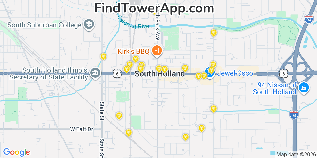 Map showing the 20 primary cell tower locations detected in South Holland, Illinois from AT&T, Verizon, and T-Mobile networks