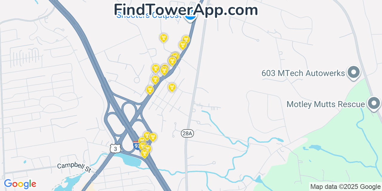 Map showing the 20 primary cell tower locations detected in South Hooksett, New Hampshire from AT&T, Verizon, and T-Mobile networks