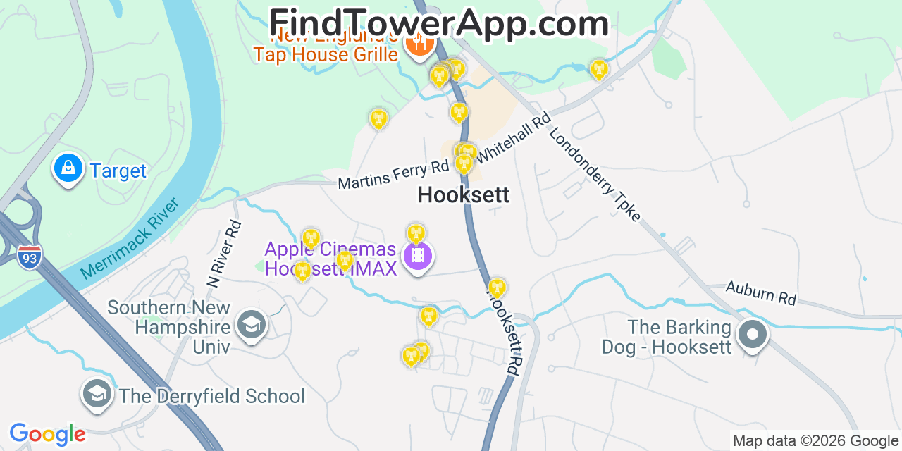 Map showing the 20 primary cell tower locations detected in South Hooksett, New Hampshire from AT&T, Verizon, and T-Mobile networks