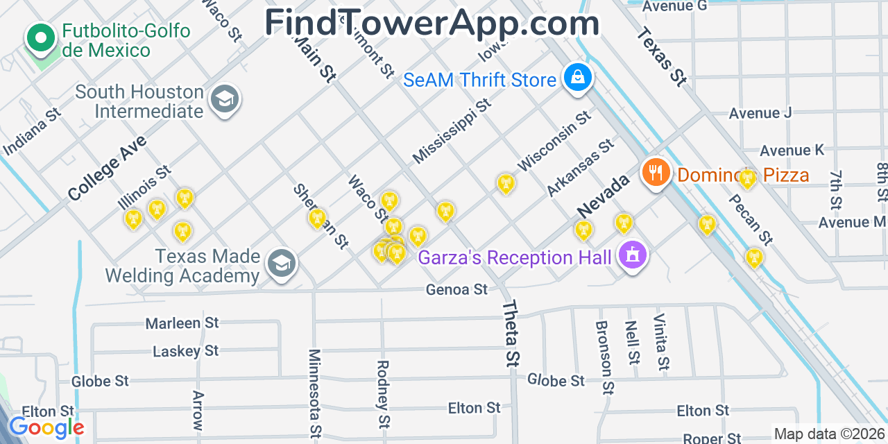 Map showing the 20 primary cell tower locations detected in South Houston, Texas from AT&T, Verizon, and T-Mobile networks