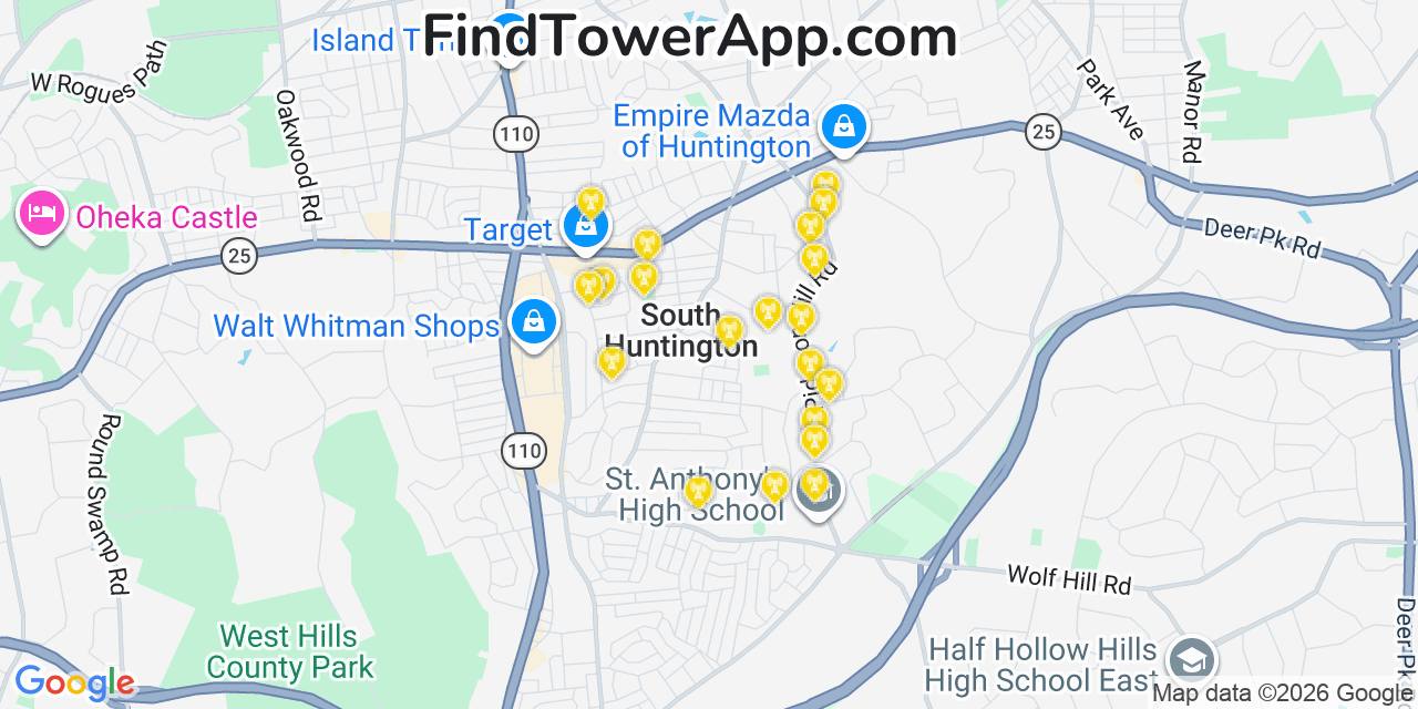 Map showing the 20 primary cell tower locations detected in South Huntington, New York from AT&T, Verizon, and T-Mobile networks