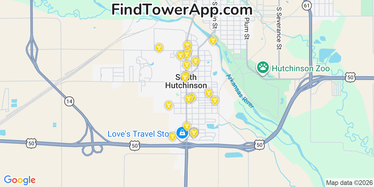 Map showing the 20 primary cell tower locations detected in South Hutchinson, Kansas from AT&T, Verizon, and T-Mobile networks