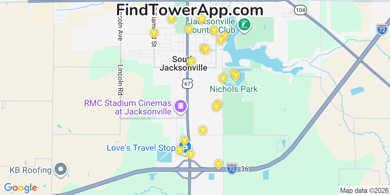 Map showing the 20 primary cell tower locations detected in South Jacksonville, Illinois from AT&T, Verizon, and T-Mobile networks