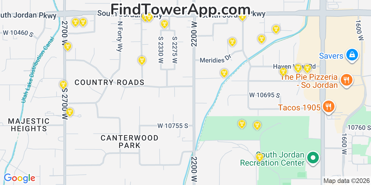 Map showing the 20 primary cell tower locations detected in South Jordan Heights, Utah from AT&T, Verizon, and T-Mobile networks