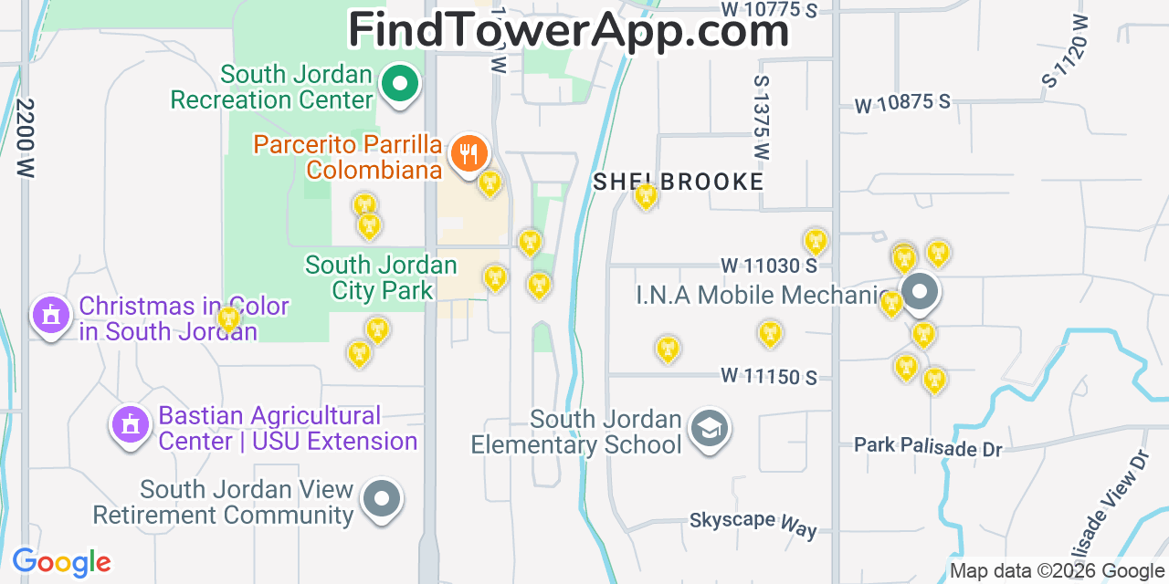 Map showing the 20 primary cell tower locations detected in South Jordan, Utah from AT&T, Verizon, and T-Mobile networks