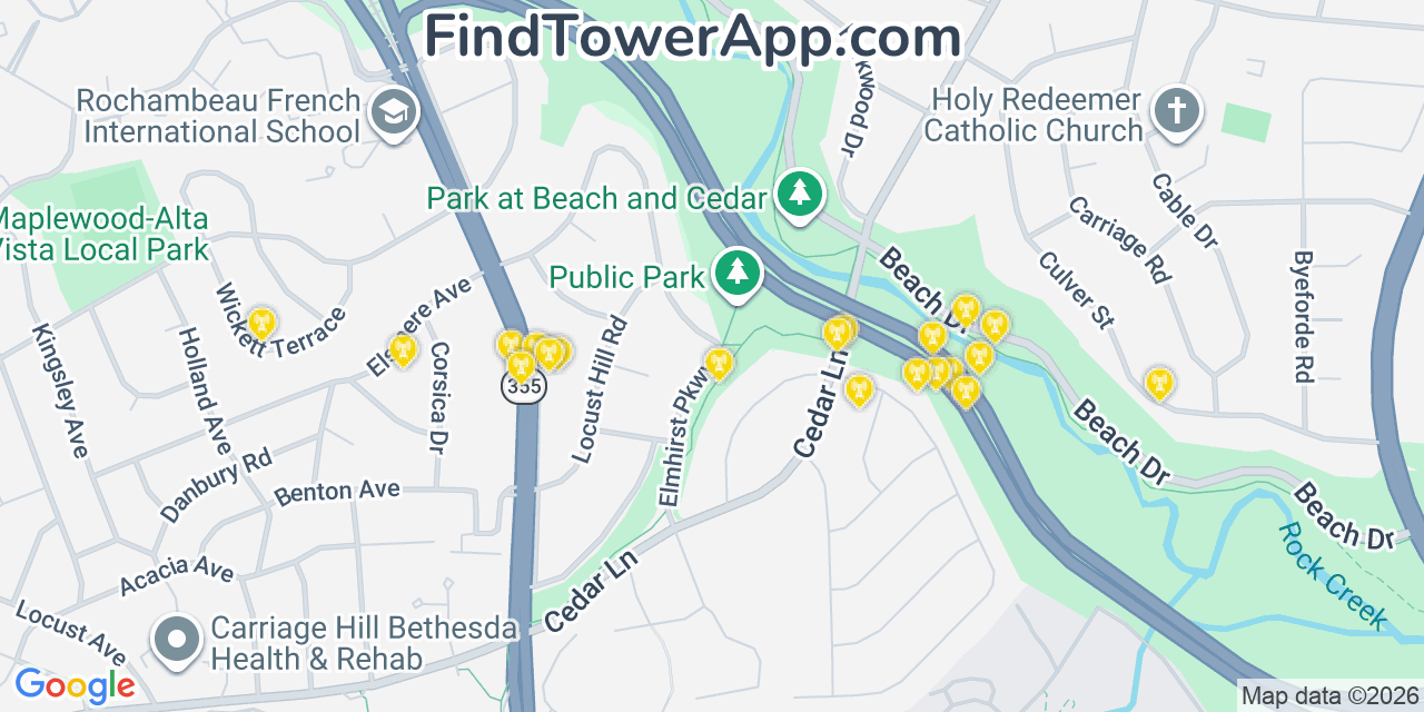 Map showing the 20 primary cell tower locations detected in South Kensington, Maryland from AT&T, Verizon, and T-Mobile networks