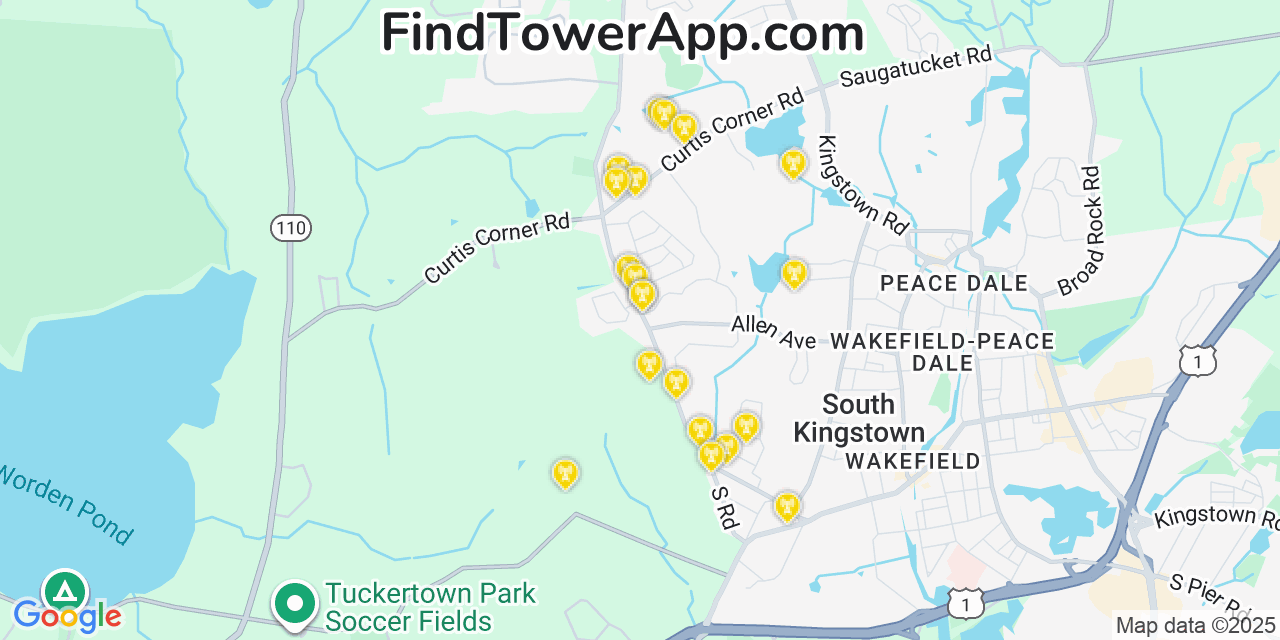 Map showing the 20 primary cell tower locations detected in South Kingstown, Rhode Island from AT&T, Verizon, and T-Mobile networks