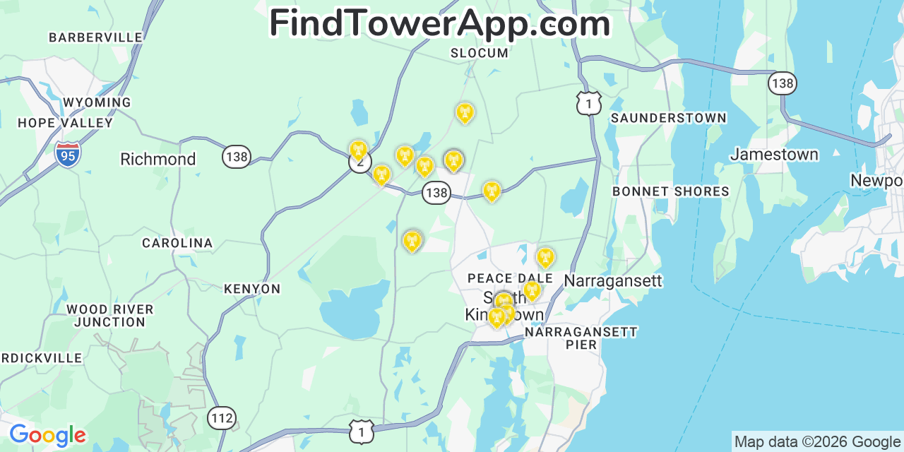 Map showing the 20 primary cell tower locations detected in South Kingstown, Rhode Island from AT&T, Verizon, and T-Mobile networks