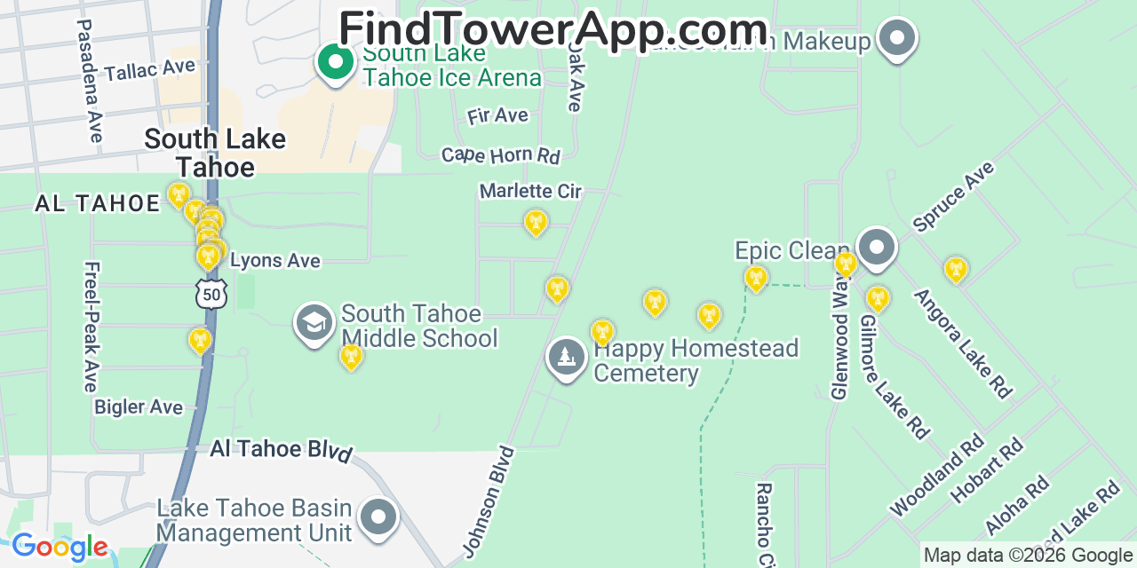 Map showing the 20 primary cell tower locations detected in South Lake Tahoe, California from AT&T, Verizon, and T-Mobile networks