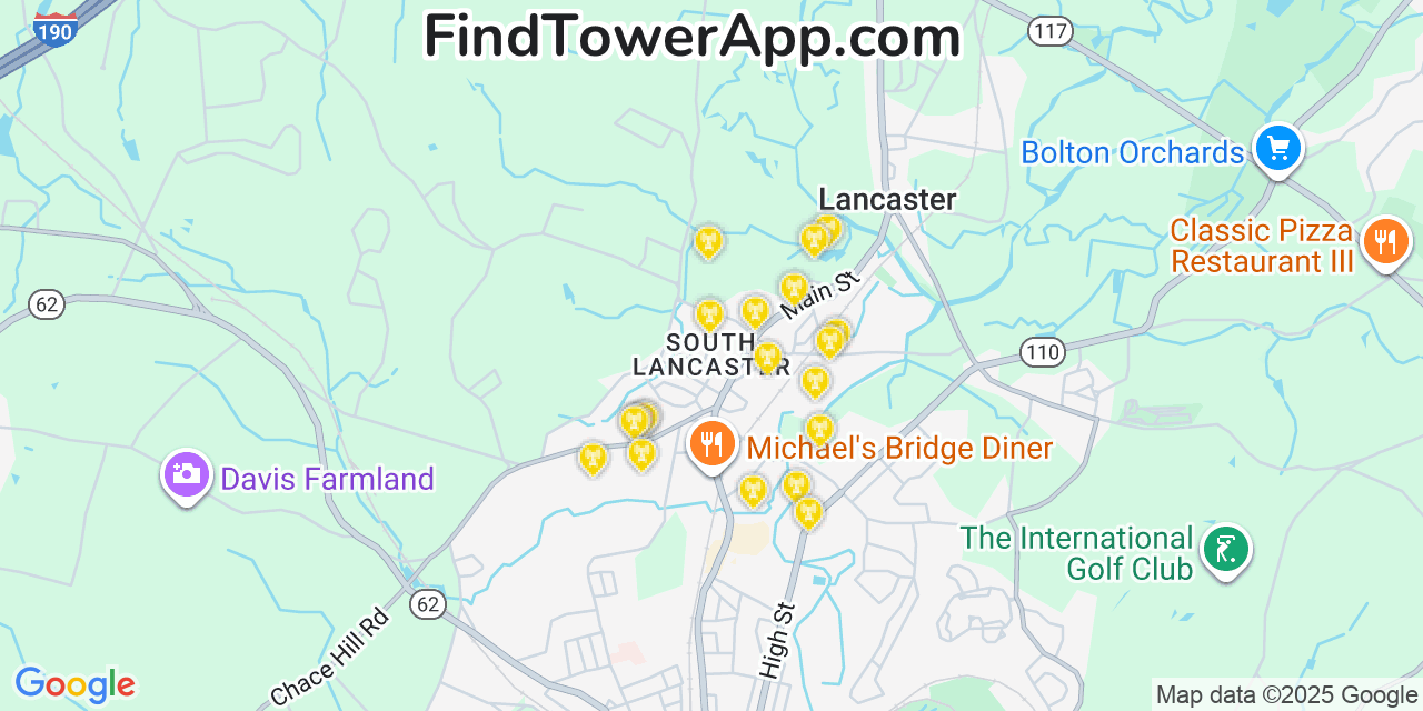 Map showing the 20 primary cell tower locations detected in South Lancaster, Massachusetts from AT&T, Verizon, and T-Mobile networks