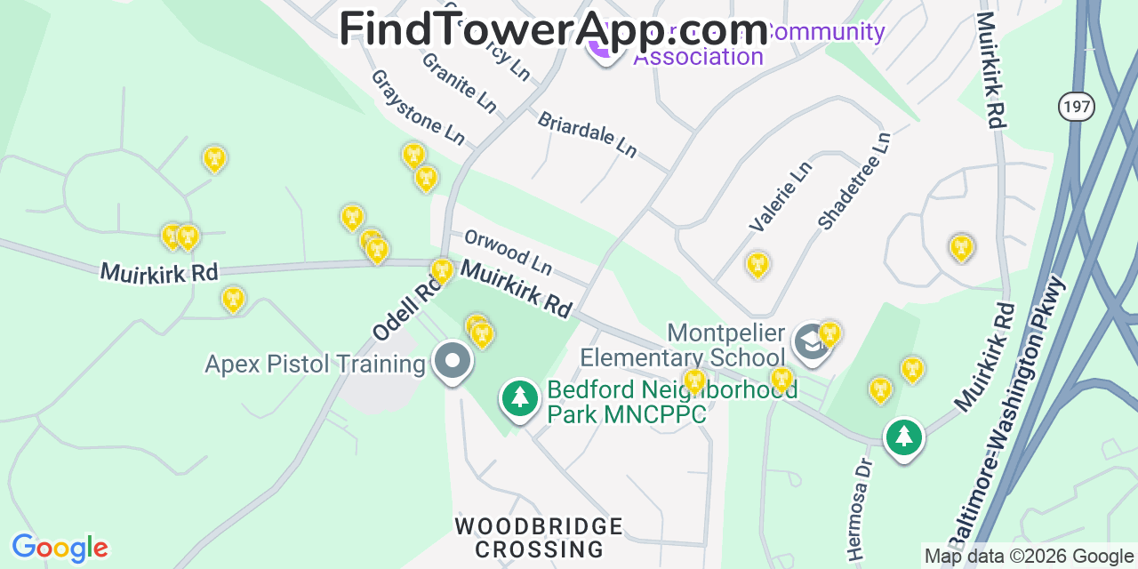 Map showing the 20 primary cell tower locations detected in South Laurel, Maryland from AT&T, Verizon, and T-Mobile networks