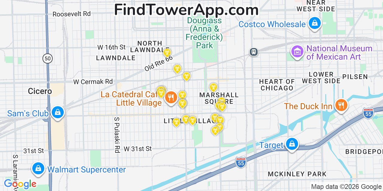 Map showing the 20 primary cell tower locations detected in South Lawndale, Illinois from AT&T, Verizon, and T-Mobile networks
