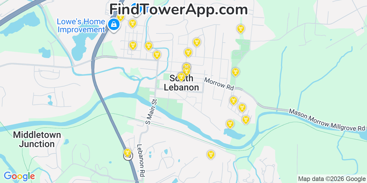 Map showing the 20 primary cell tower locations detected in South Lebanon, Ohio from AT&T, Verizon, and T-Mobile networks