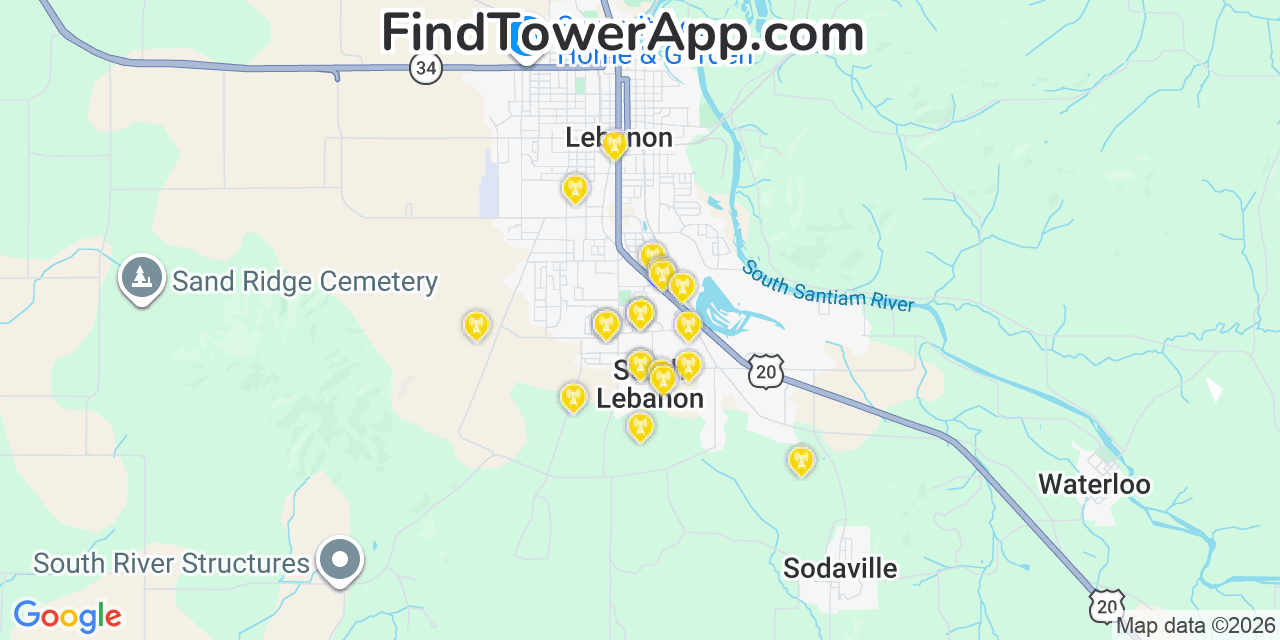 Map showing the 20 primary cell tower locations detected in South Lebanon, Oregon from AT&T, Verizon, and T-Mobile networks