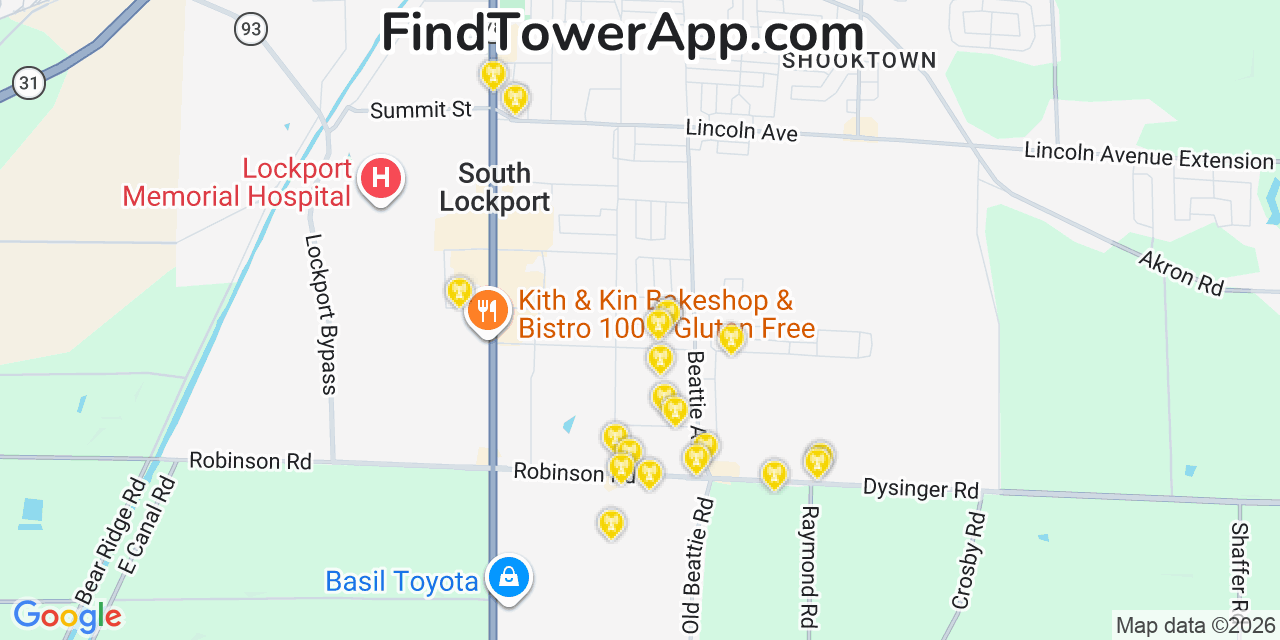 Map showing the 20 primary cell tower locations detected in South Lockport, New York from AT&T, Verizon, and T-Mobile networks