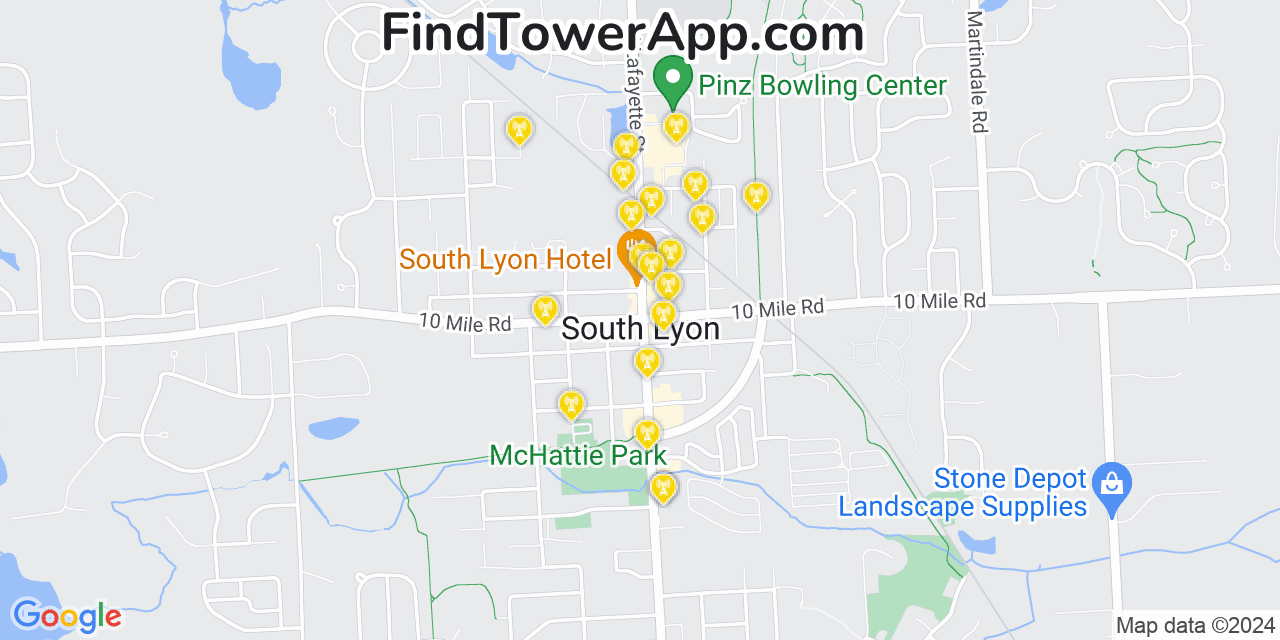 AT&T 4G/5G cell tower coverage map South Lyon, Michigan