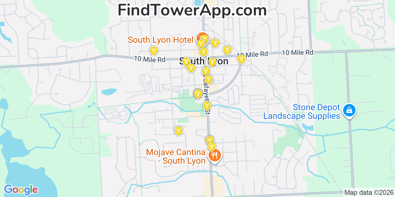 Map showing the 20 primary cell tower locations detected in South Lyon, Michigan from AT&T, Verizon, and T-Mobile networks