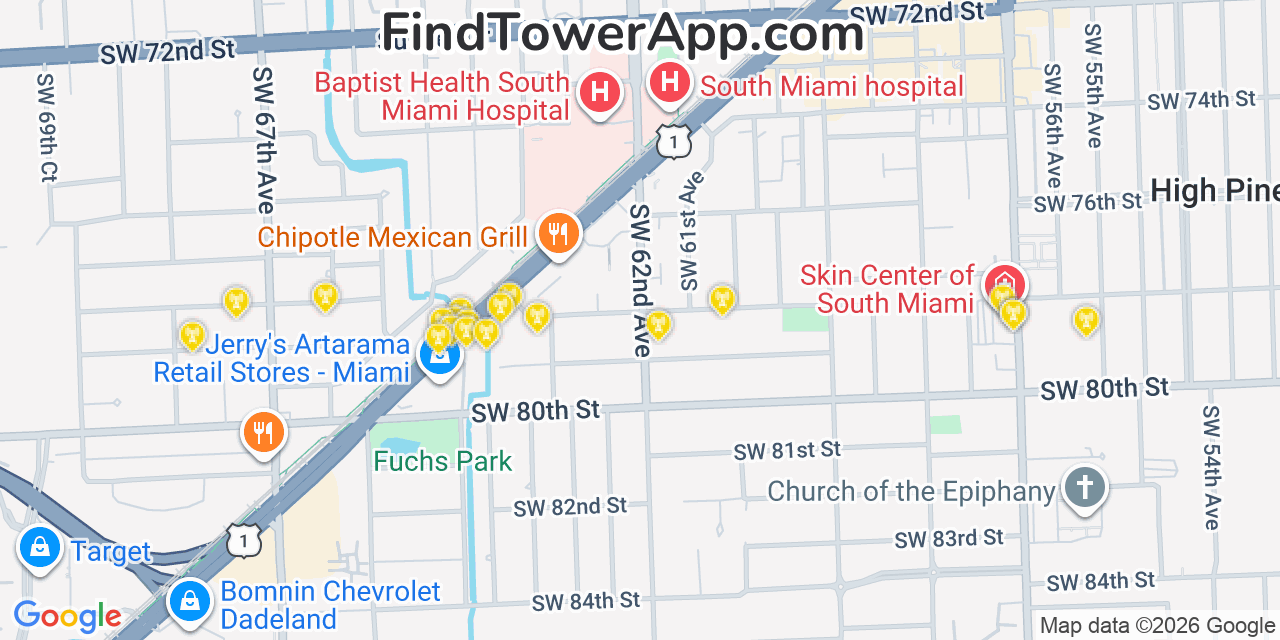 Map showing the 20 primary cell tower locations detected in South Miami, Florida from AT&T, Verizon, and T-Mobile networks