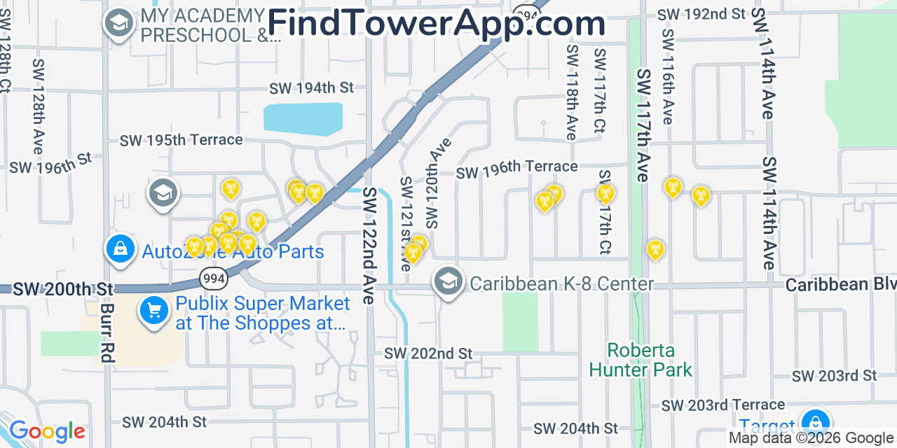 Map showing the 20 primary cell tower locations detected in South Miami Heights, Florida from AT&T, Verizon, and T-Mobile networks
