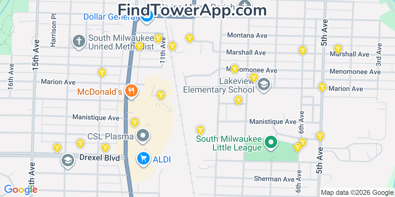 Map showing the 20 primary cell tower locations detected in South Milwaukee, Wisconsin from AT&T, Verizon, and T-Mobile networks
