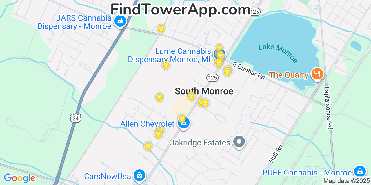 Map showing the 20 primary cell tower locations detected in South Monroe, Michigan from AT&T, Verizon, and T-Mobile networks