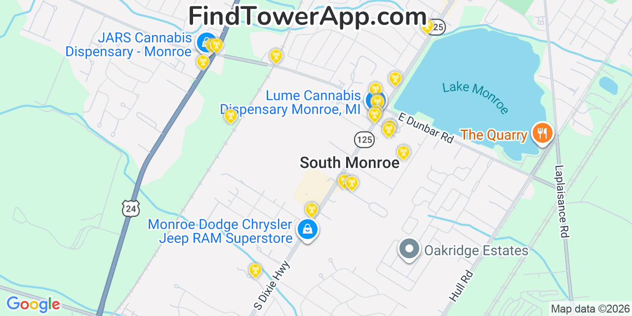 Map showing the 20 primary cell tower locations detected in South Monroe, Michigan from AT&T, Verizon, and T-Mobile networks