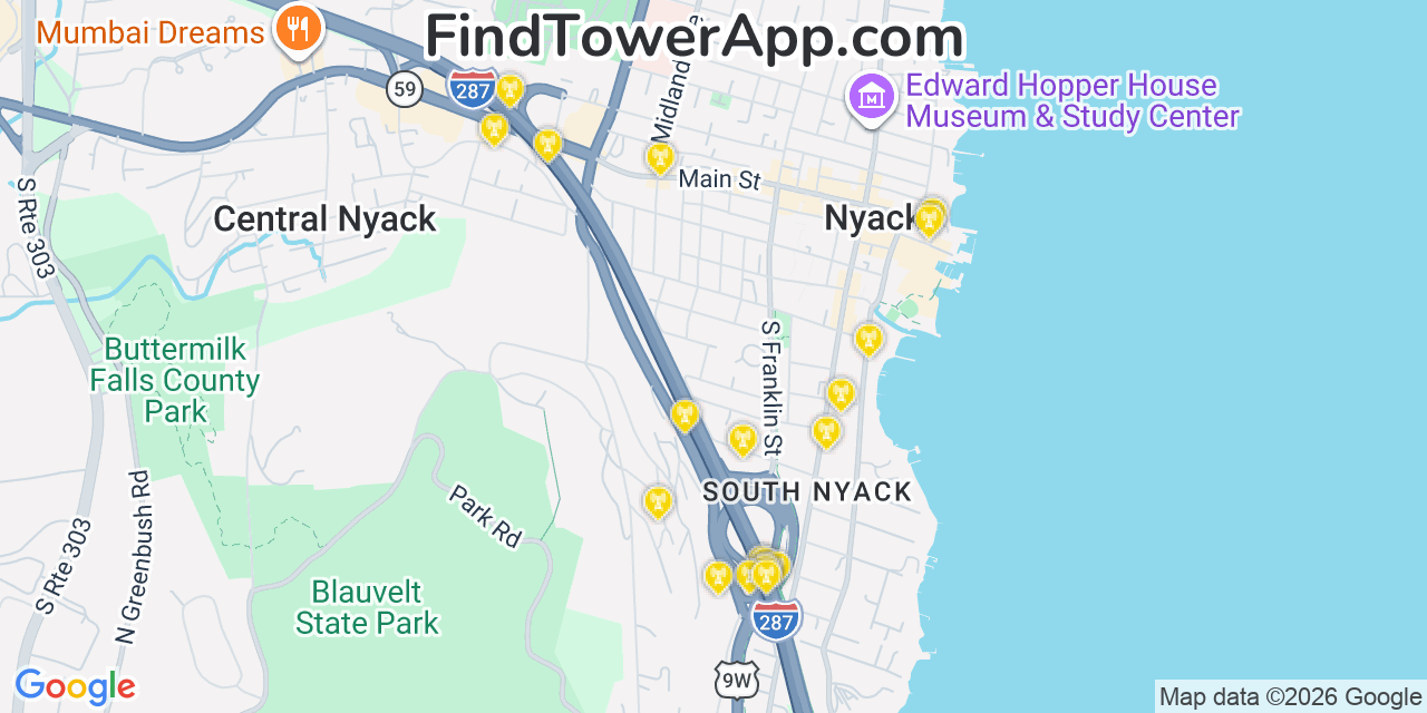Map showing the 20 primary cell tower locations detected in South Nyack, New York from AT&T, Verizon, and T-Mobile networks