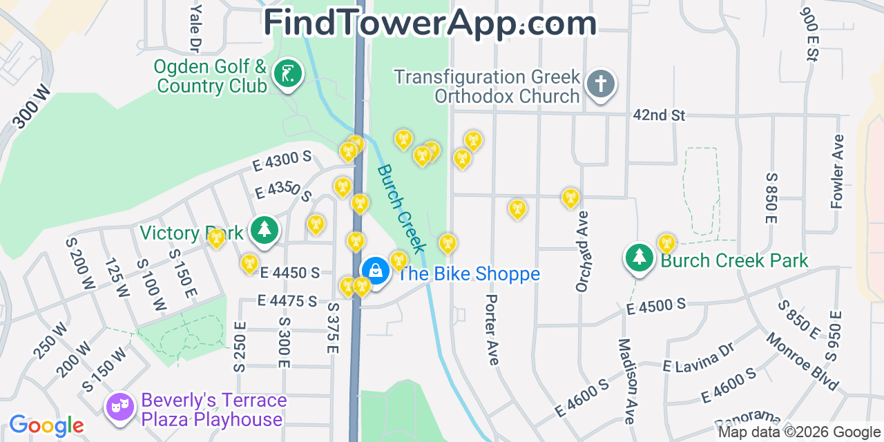 Map showing the 20 primary cell tower locations detected in South Ogden, Utah from AT&T, Verizon, and T-Mobile networks