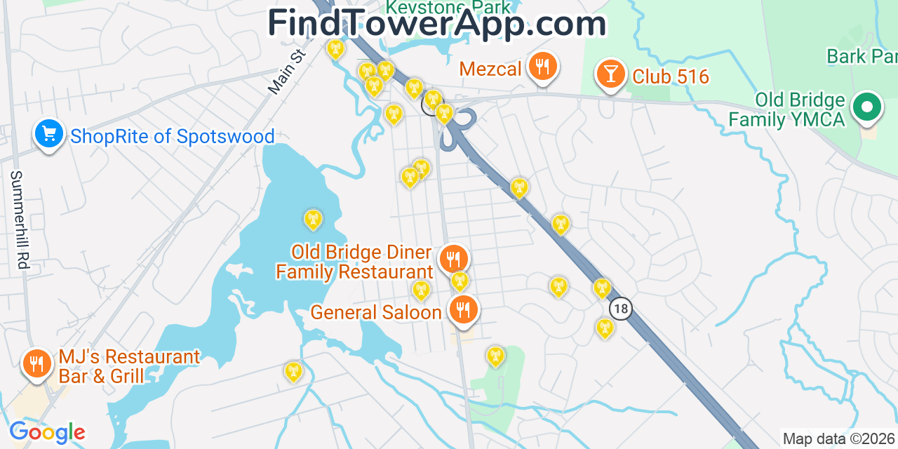 Map showing the 20 primary cell tower locations detected in South Old Bridge, New Jersey from AT&T, Verizon, and T-Mobile networks
