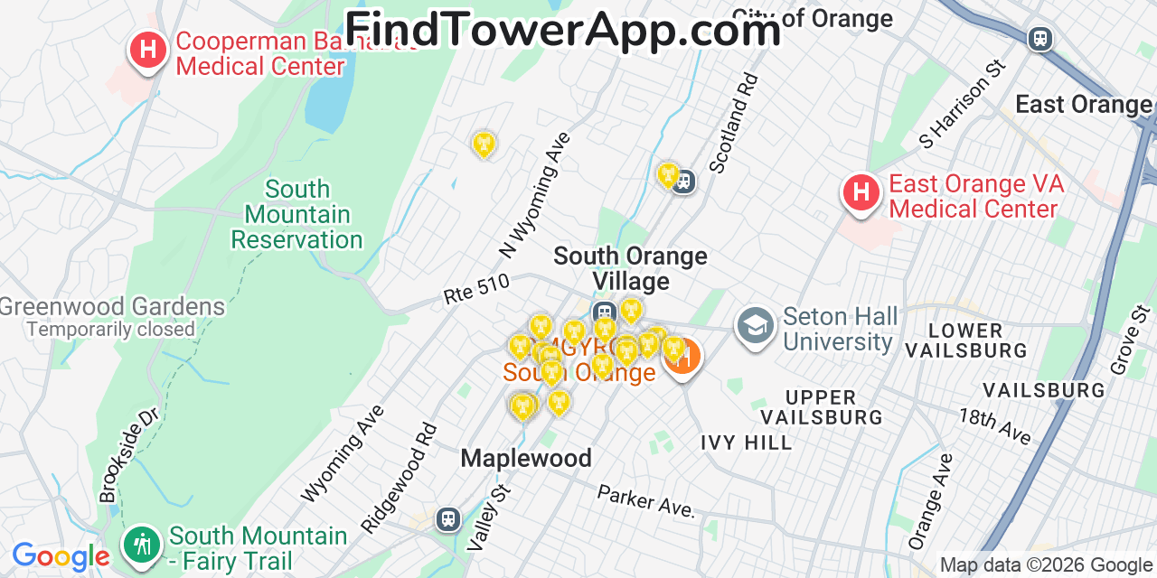Map showing the 20 primary cell tower locations detected in South Orange, New Jersey from AT&T, Verizon, and T-Mobile networks