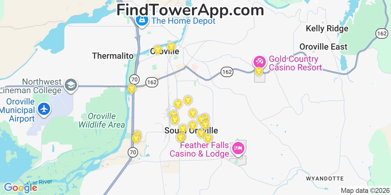 Map showing the 20 primary cell tower locations detected in South Oroville, California from AT&T, Verizon, and T-Mobile networks