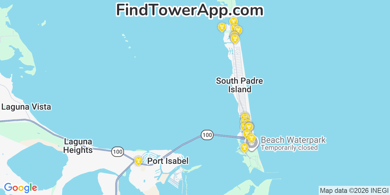 Map showing the 20 primary cell tower locations detected in South Padre Island, Texas from AT&T, Verizon, and T-Mobile networks