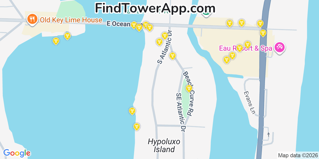 Map showing the 20 primary cell tower locations detected in South Palm Beach, Florida from AT&T, Verizon, and T-Mobile networks