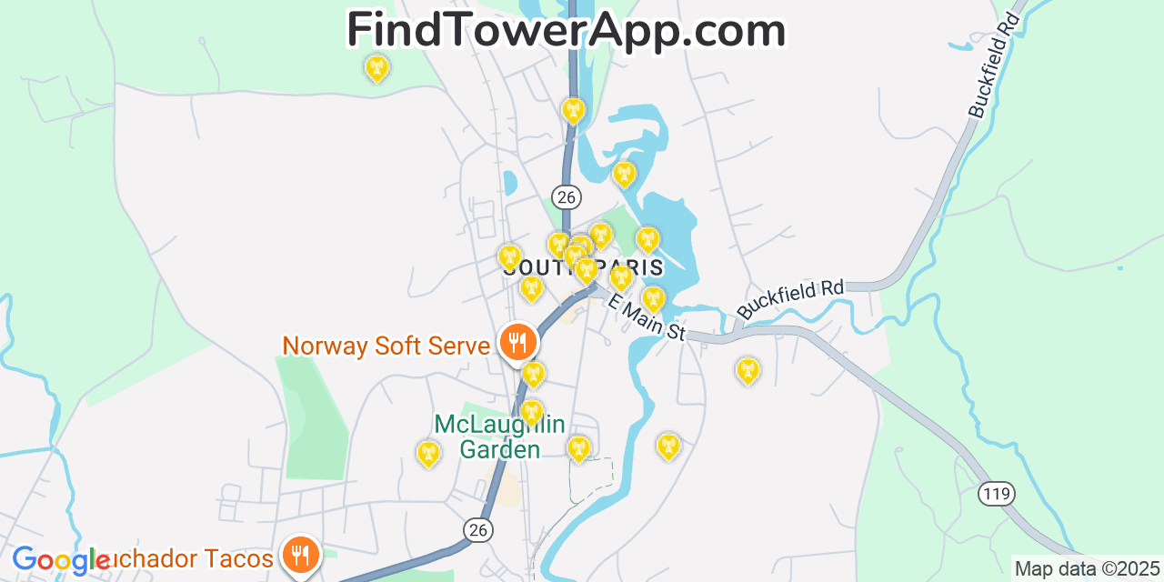 Map showing the 20 primary cell tower locations detected in South Paris, Maine from AT&T, Verizon, and T-Mobile networks