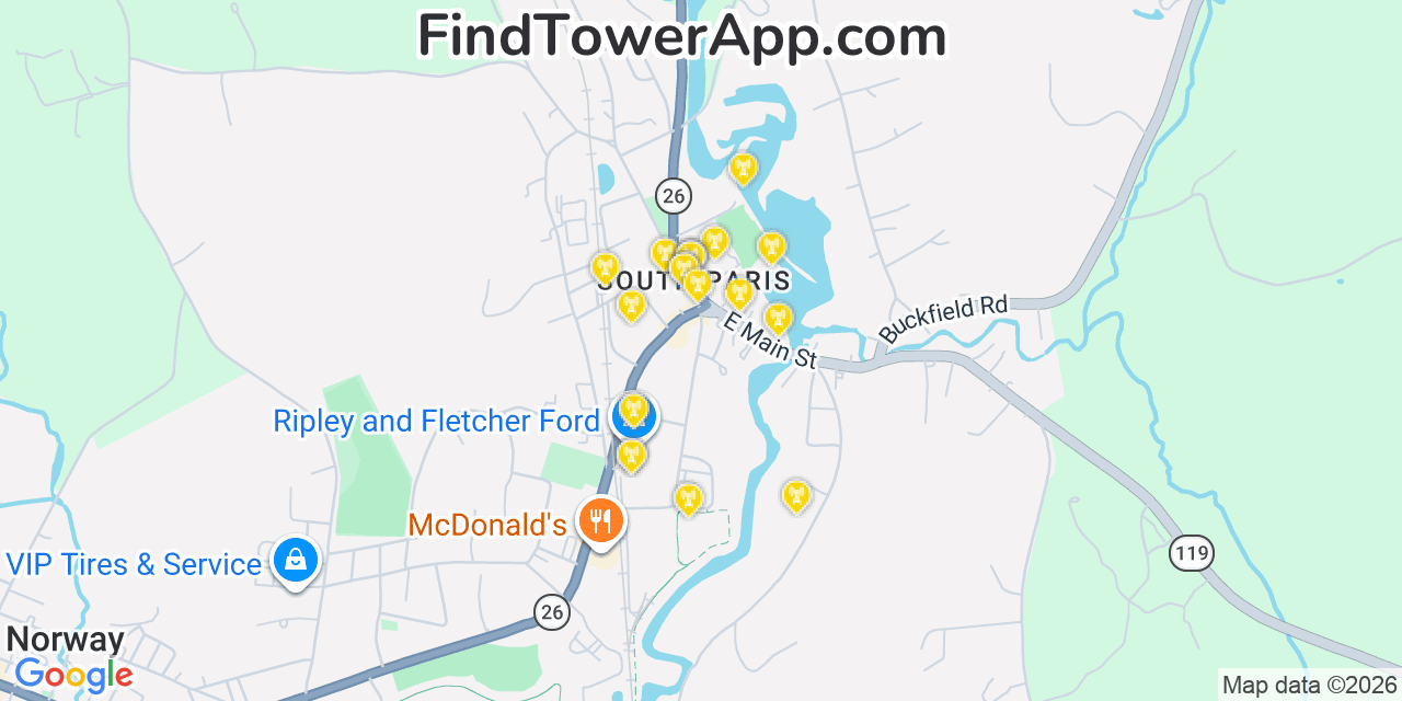 Map showing the 20 primary cell tower locations detected in South Paris, Maine from AT&T, Verizon, and T-Mobile networks