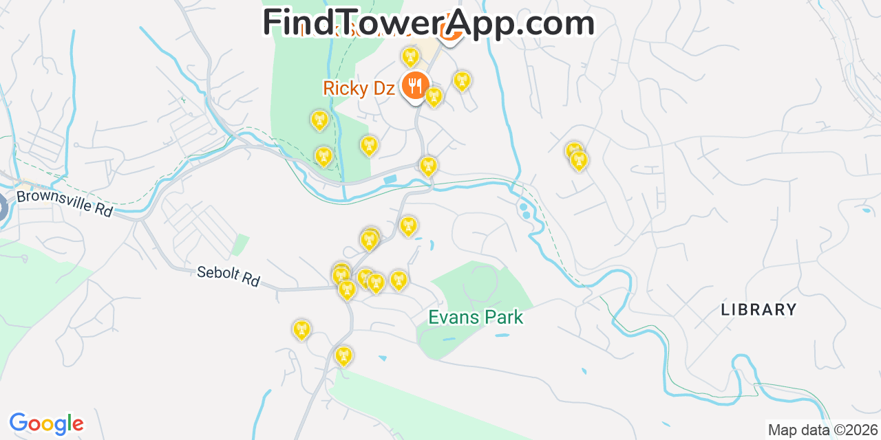 Map showing the 20 primary cell tower locations detected in South Park Township, Pennsylvania from AT&T, Verizon, and T-Mobile networks
