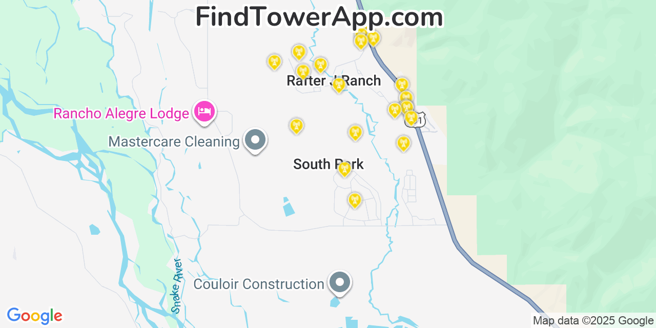 Map showing the 20 primary cell tower locations detected in South Park, Wyoming from AT&T, Verizon, and T-Mobile networks