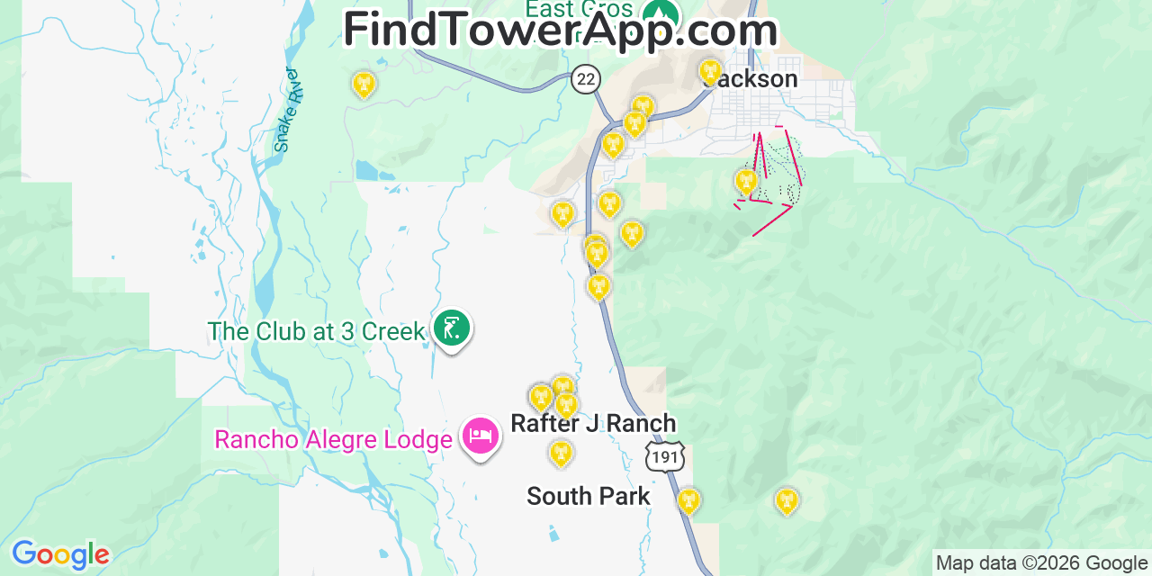 Map showing the 20 primary cell tower locations detected in South Park, Wyoming from AT&T, Verizon, and T-Mobile networks